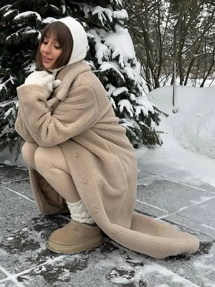 Leosoxs Jesień Zima Nowa Kolekcja Damska Moda Retro Płaszcze Polarowe Puszyste Kurtki z Wełny Jagnięcej Długi Ciepły Płaszcz Streetwear