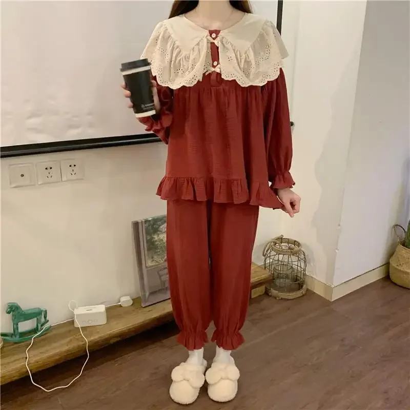 2024 New Oversized Lace Pajamas Women Autumn Winter Loungewear Doll Neck Sleepwear Long Sleeved Falbala Loose Homewear Set