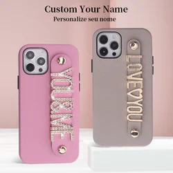 Premium Lychee Leather Custom Name Metal Letters Phone Case Cover For iPhone 11 12 13Pro Max Phone Holder Personalized Cover
