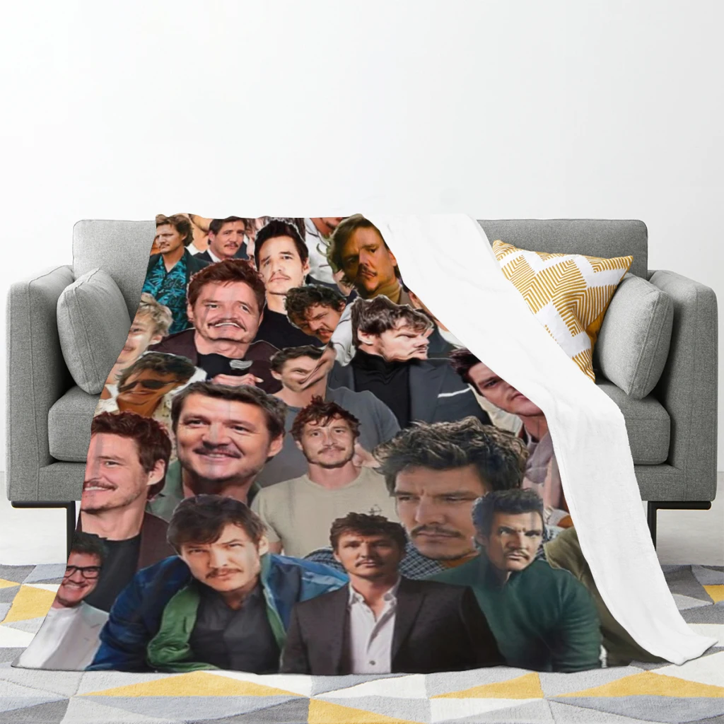 Pedro Pascal Photo Collage Blanket Flange Textile Decor Portable Super Soft Throw Blankets for Home Office Plush Thin Quilt