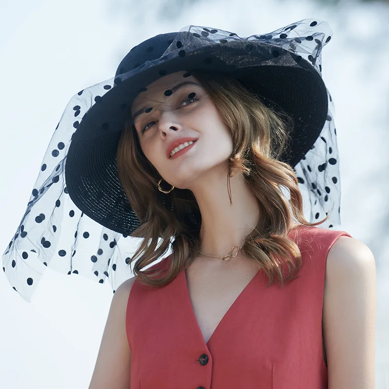 Sombreros de Sol de encaje para mujer, sombrero de playa de ala ancha con puntos, gasa de encaje,moda coreana, gorra de lujo