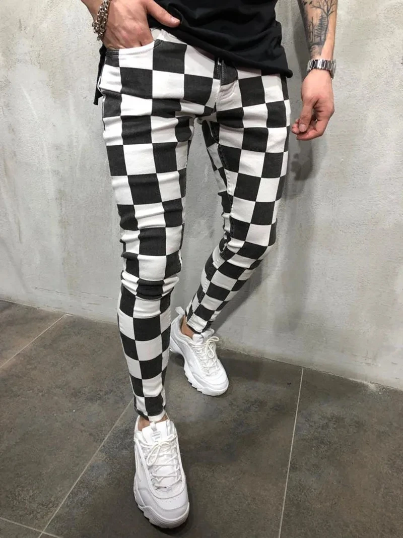 Black and White Check Trendy Casual Trousers Camouflage Sports Pants Men's Fitness Pants Outdoor Running Training Pants Slim Fit