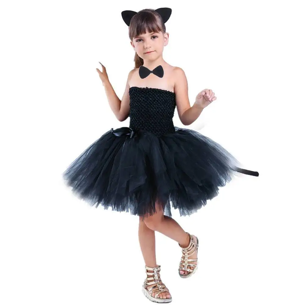 Cute Black Cat Tutu Dress Baby Girls Birthday Dresses Toddler Kids Halloween Costumes Children Animal Cosplay Outfit Solid Black