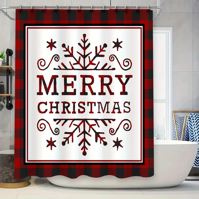 Classic White Christmas Shower Curtain with Red Lettering, Red Black Plaid Border and Snowflake Stars for Festive Bathroom