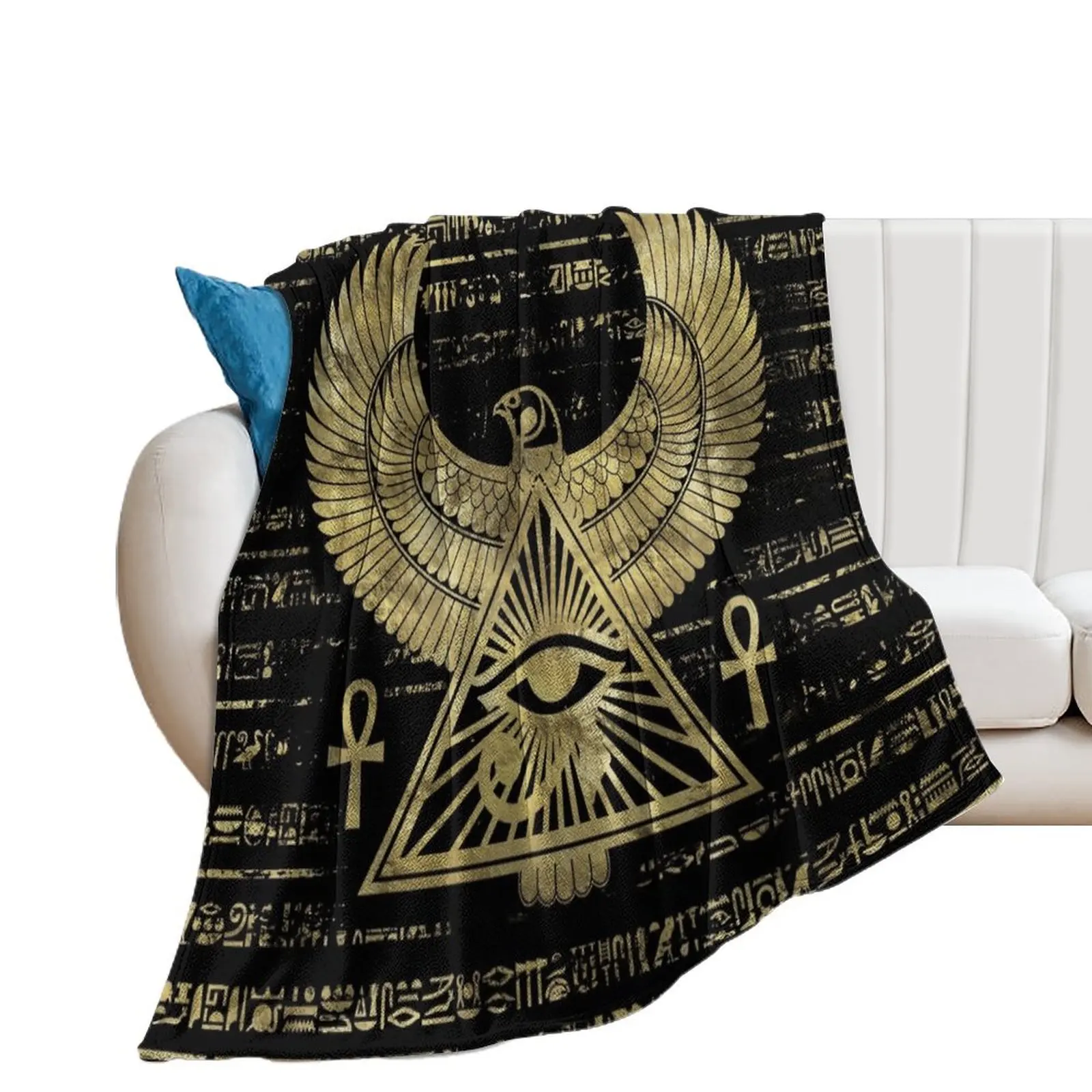 

Egyptian Eye of Horus - Wadjet Gold and Black Throw Blanket Designers Camping Plaid Blankets