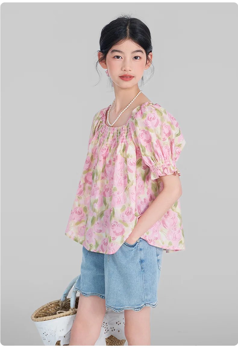 Top Floral para niña, camiseta de manga corta para verano 2024, nuevo estilo coreano, Tops bonitos de moda de flores simples y dulces de alta calidad