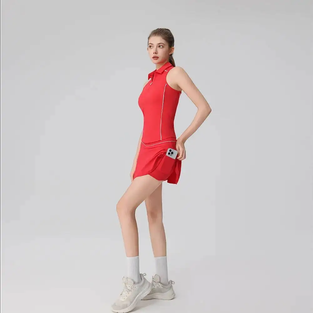 

Women Summer Pieces Set High Waist Mini Skirts POLO Collar Golf Vest Sports Top Wear Skorts With Pocket Badminton Tennis Suit