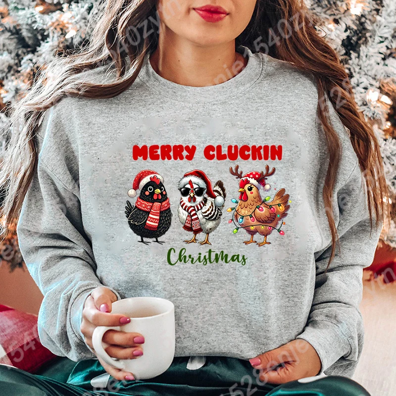 

New Christmas Light Cock Merry Cluckin Christmas Print Hoodless Pullovers Women Fashion Casual Round Neck Solid Color Sweatshirt