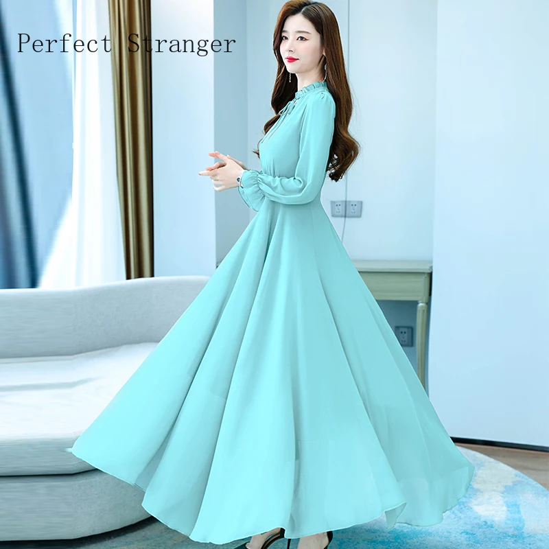 2022 Spring New Arrival Leisure Solid Color Long Sleeve Collect Waist Women Chiffon Long  Dress High Qaulity Vestido Feminino