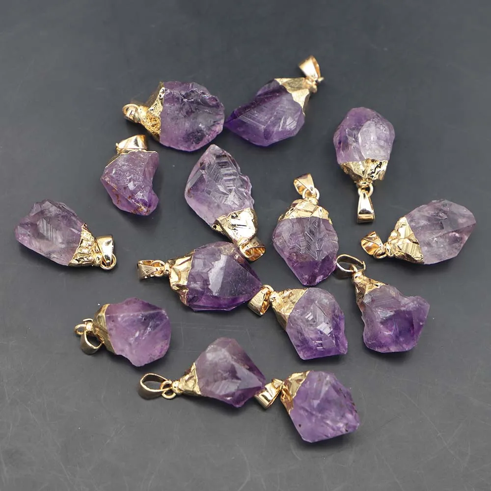 Natural Stone Amethyst Irregular Gold Pendant Fashion Reiki Charms Necklace DIY Jewelry Accessories Wholesale12Pcs Free Shipping