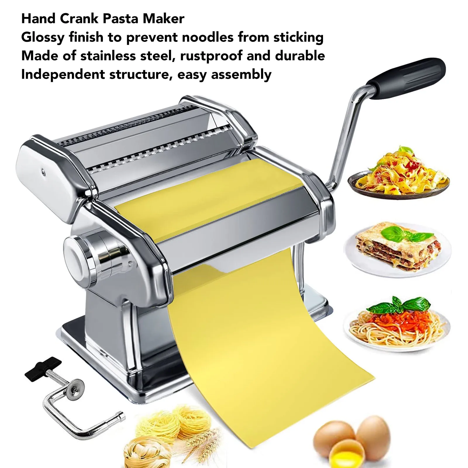 Hand Crank Noodle Machine Stainless Steel Dough Roller Pasta Maker 7 Thickness Settings 0.5‑2.5mm Hand Roller Noodle Maker