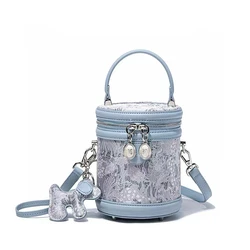 Women Handbag Shoulder Bags Bucket Barrel-shaped Pack Composite Cowhide Embroidered Ladies Crossbody Top-Handle Bags Girl Purses