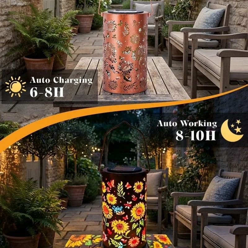 

Solar Garden Lantern Flower Outdoor Iron Hollow Hanging Light Waterproof Balcony Patio Decorative Camping Ambient Lamp Gif New
