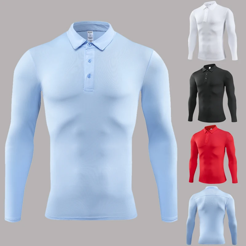 Men Solid Long Sleeve Polo Shirt Lapel Collar Button Placket Slim Fit Breathable Business Casual Golf Sports Tops Male T-shirt
