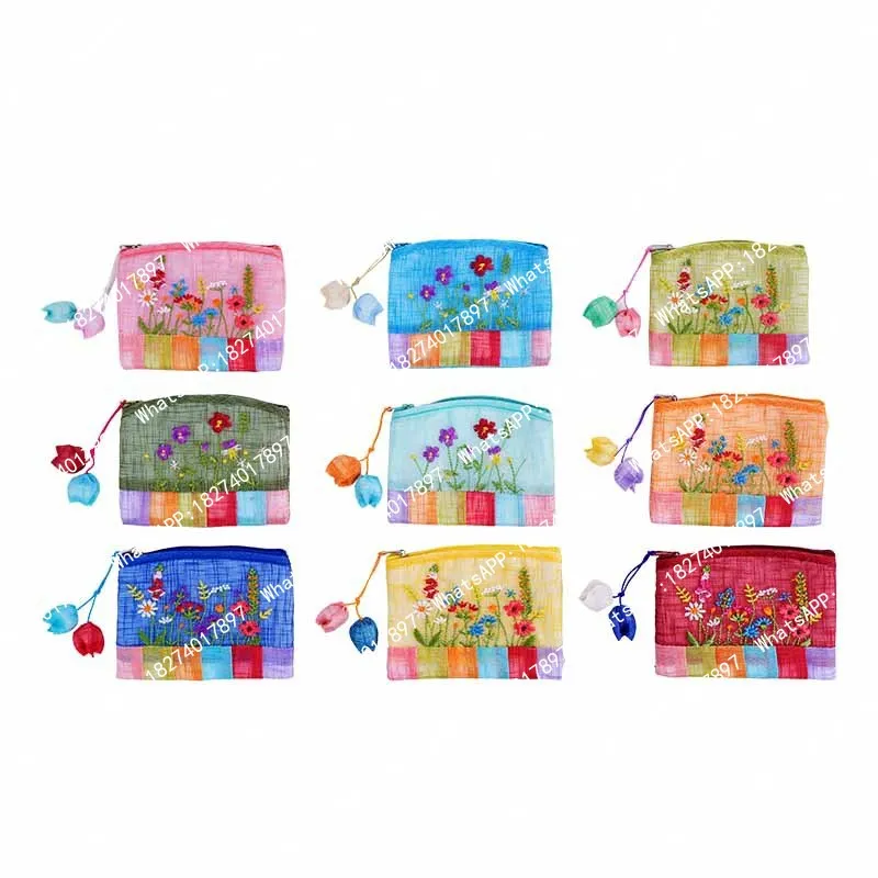 20pcs Traditional National Double-sided Embroidery Flower Slubby Yarn Pouch Money Change Purse Gift Bags 11x9cm
