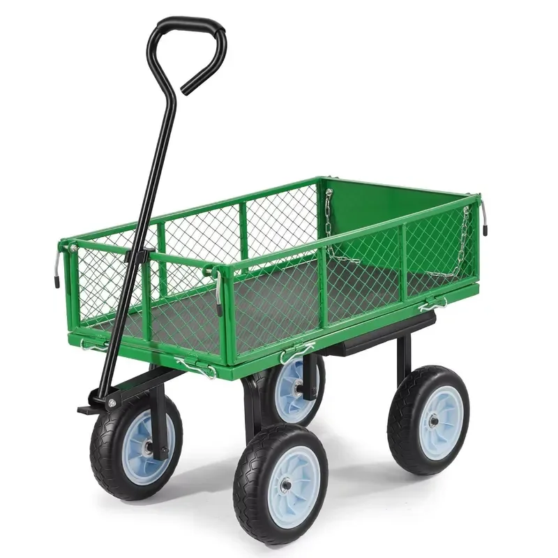 Heavy-duty 500-pound garden cart with seats, rolling steel wheels, tool tray, 500-pound load-bearing capacity