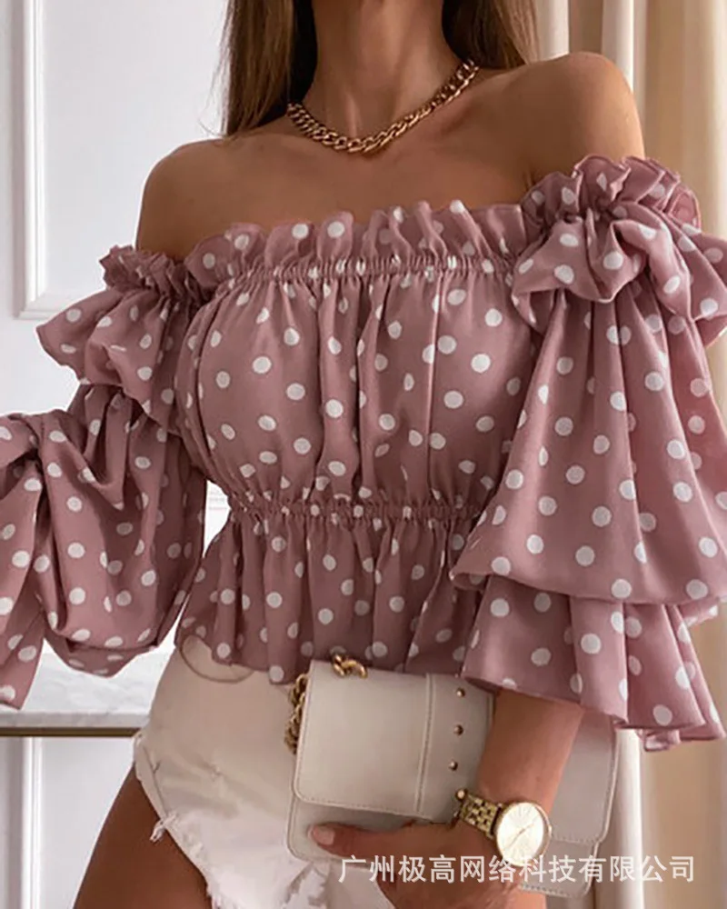 Top Women 2024 Spring Fashion Metallic Polka Dot Print Off Shoulder Bell Sleeve Casual Long Sleeve Frill Hem Daily Top