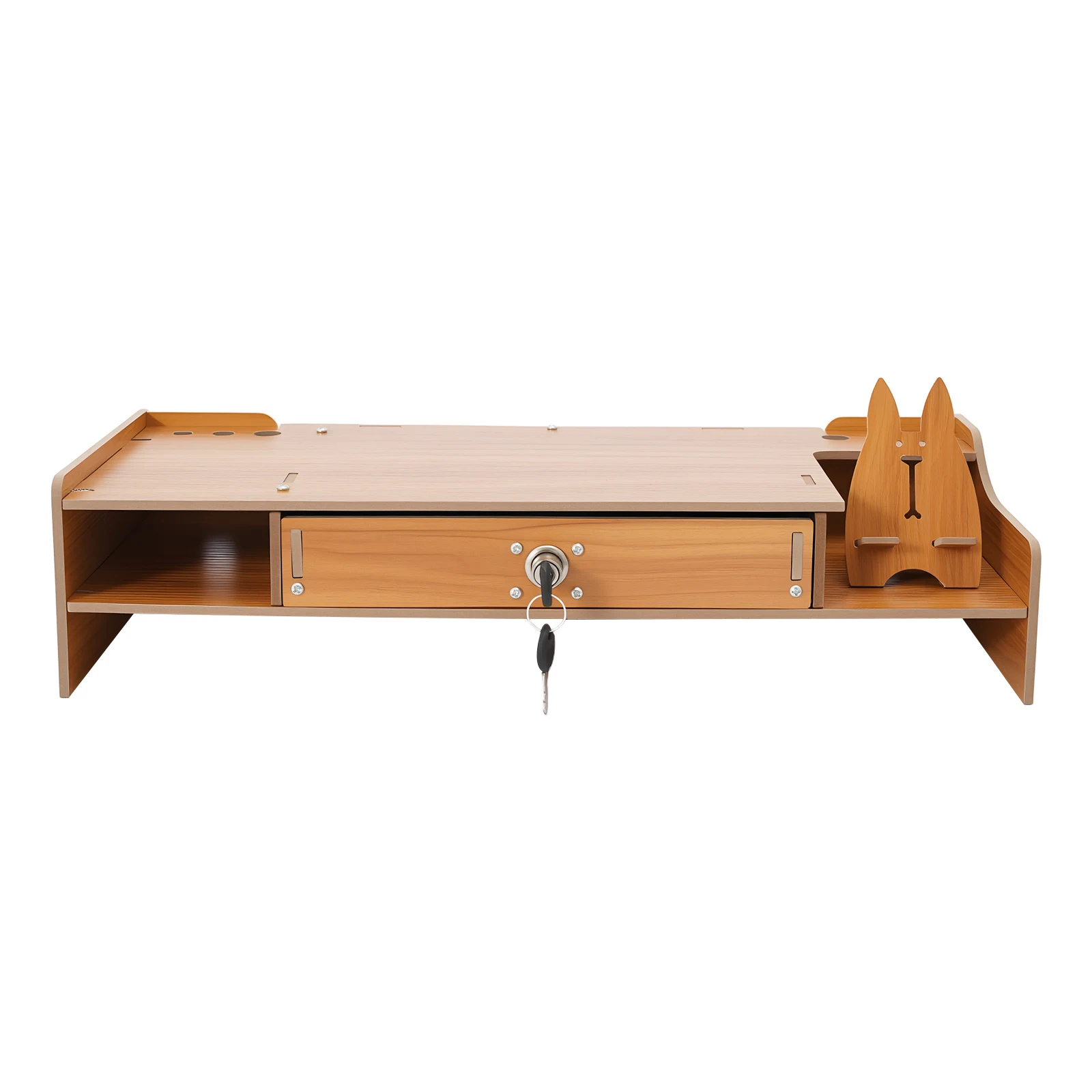 Suporte de monitor ergonômico com gaveta com fechadura, suporte para telefone, organizador de mesa em mdf, gaveta com tampa de carga de 5kg para armazenamento de escritório doméstico