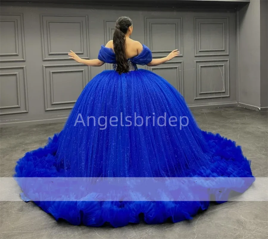 Angelsbride Glitter Tulle Royal Blue Ball Gown Quinceanera Dresses Ruffle Beading Sweet 16 Dress Vestido De 15 Anos Lace-Up