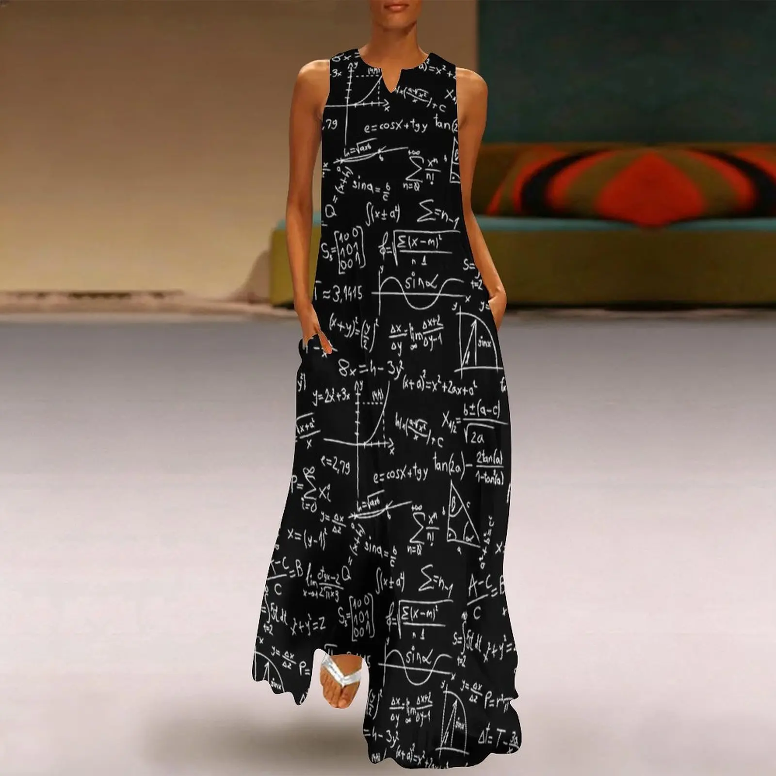 Vintage Math Formula Print Dress Elegant Maxi Dress Korean Fashion Bohemia Long Dresses Summer Sleeveless Design Clothing
