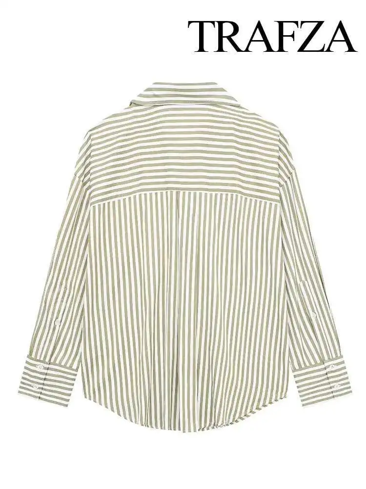

Babyoung Women Summer New Fashion Blouses Green Stripe Turn-Down Collar Long Sleeves Single Breasted Female High Street Shirt