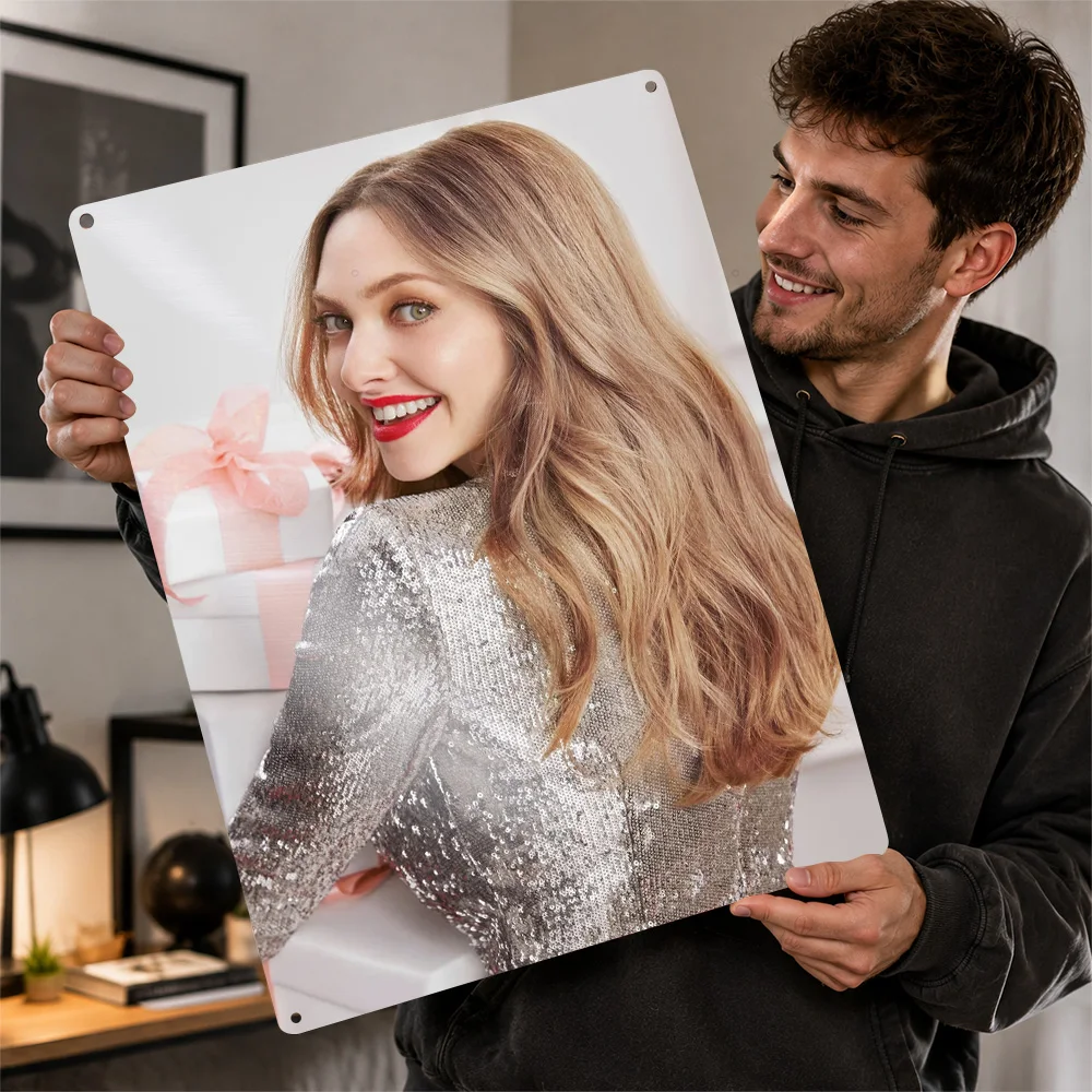 Amanda Seyfried In Sequined Top With Gifts Textured Poster Customized Metal Tin Sign Fashion Tribute Wall Art Enhances Bedroom