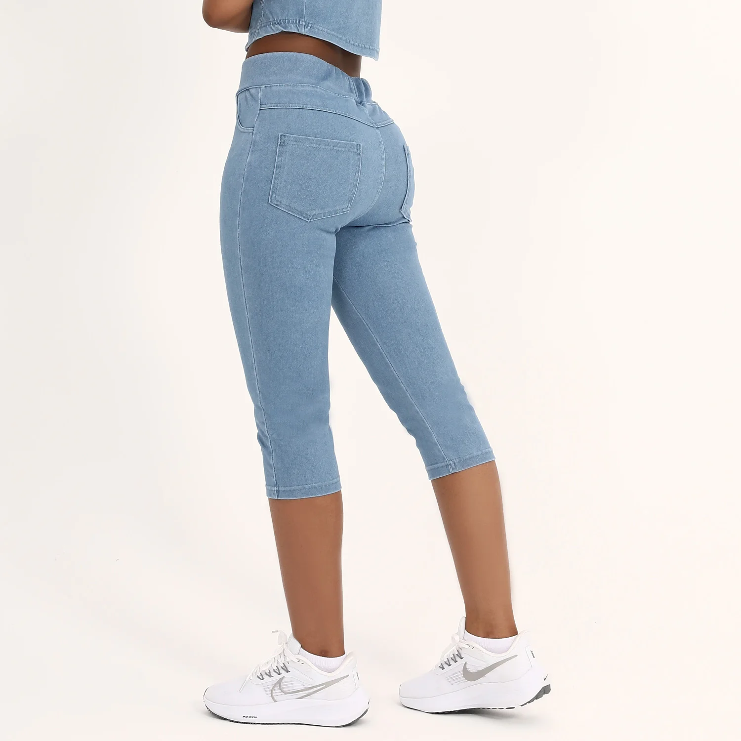 

Новые брюки для йоги из искусственного денима с пятью панелями, плотно прилегающие, бедра персикового цвета, эффект похудения, идеально подходят для тренировок, повседневной одежды.