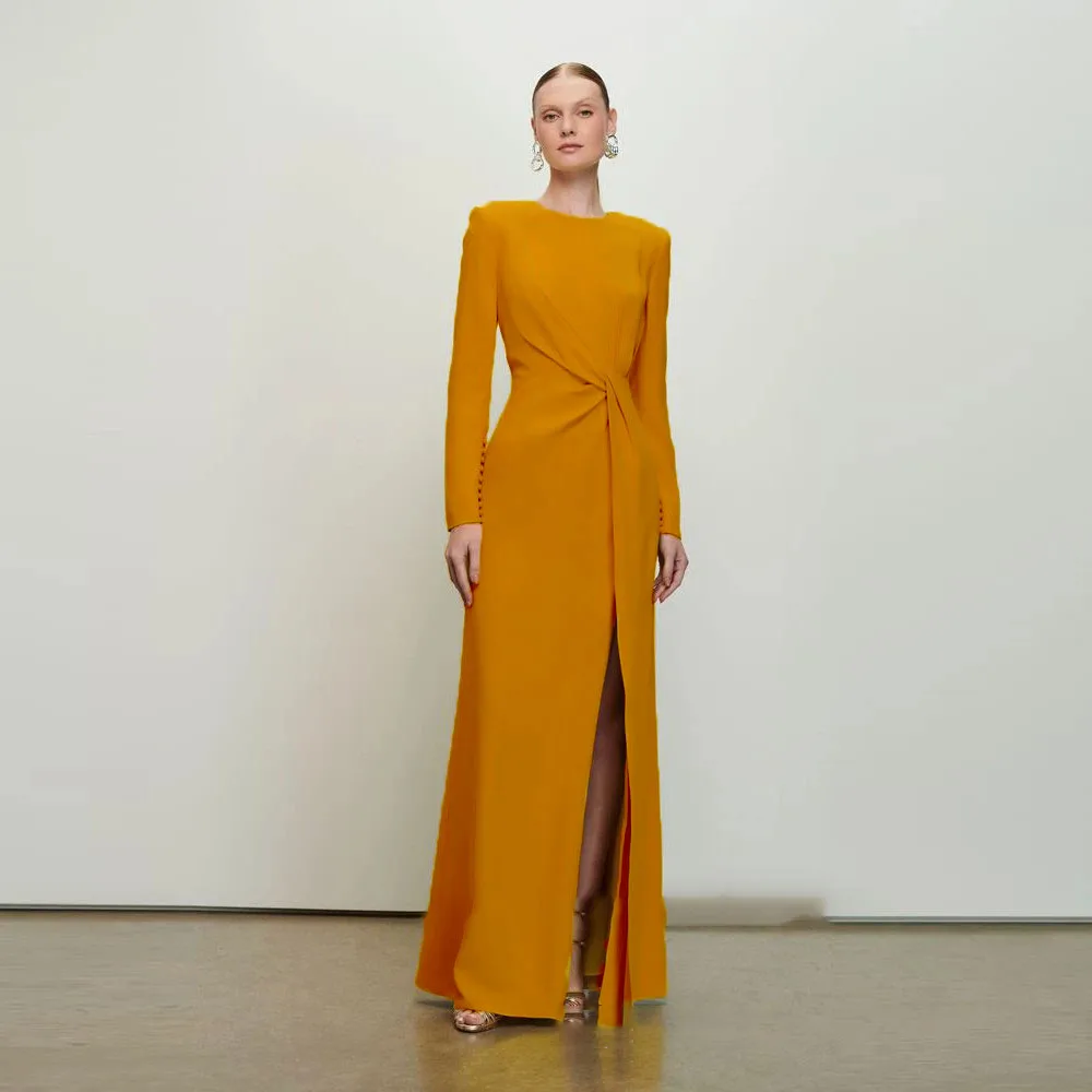 Fashionable Customized Crepe Prom Dresses With Slit Ruched Long Evening Dress Full Sleeve فساتين سهرة Formal Gowns