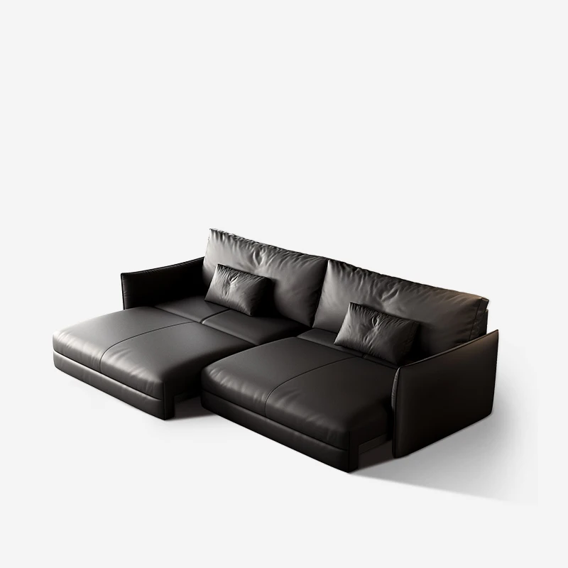 

Modern simple leather electric multi-functional telescopic straight row sofa first layer cowhide Italian minimalist black sofa