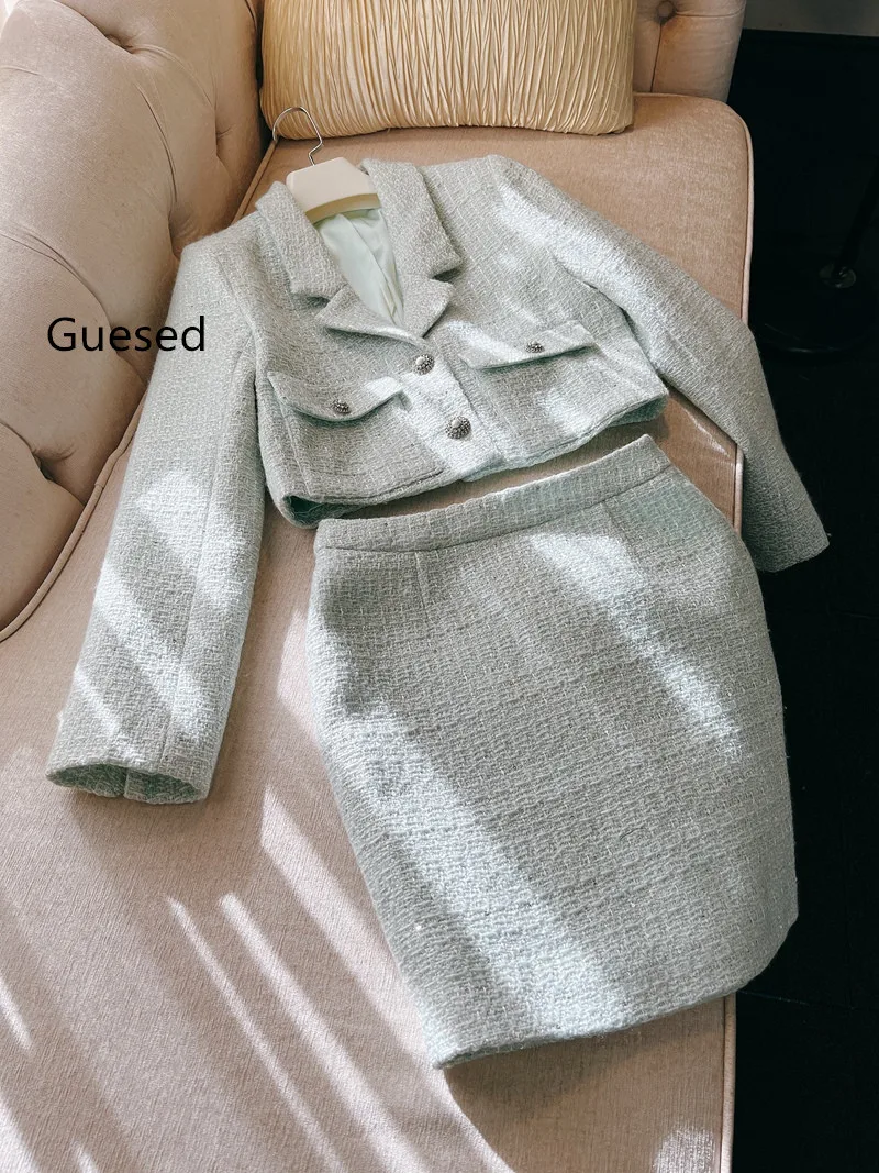 Women's French Elegant Blue Tweed Skirt Set Blazer and Bud Skirts Suit Top Quality Gentle Female Twinset Autumn Winter