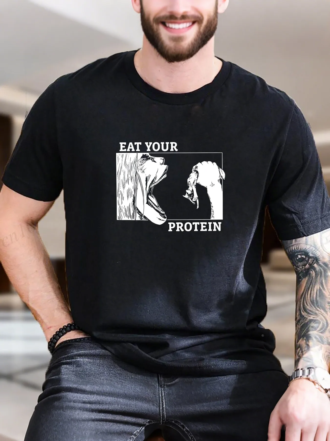 

New Arrival Fashion Attack on Titan Eat Your Protein Heavyweight Hot Sale Vintage Funny Fashionable Men's T-Shirt