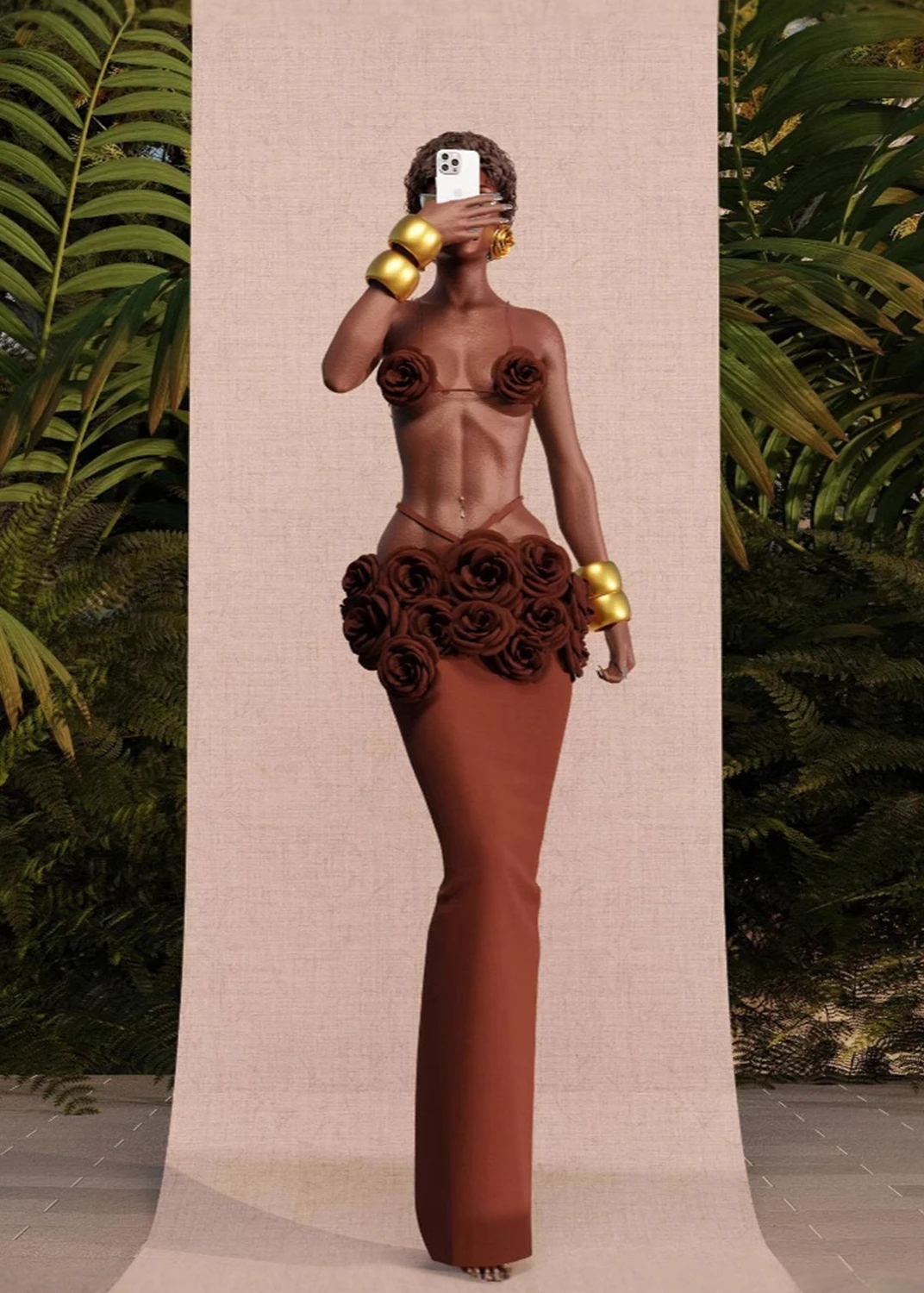 

Комплект из двух частей с повязкой макси-юбкой, укороченный топ с 3D-стеророй и длинной юбкой, коричневый Structrue Flowers t, наряд для коктейльной вечеринки