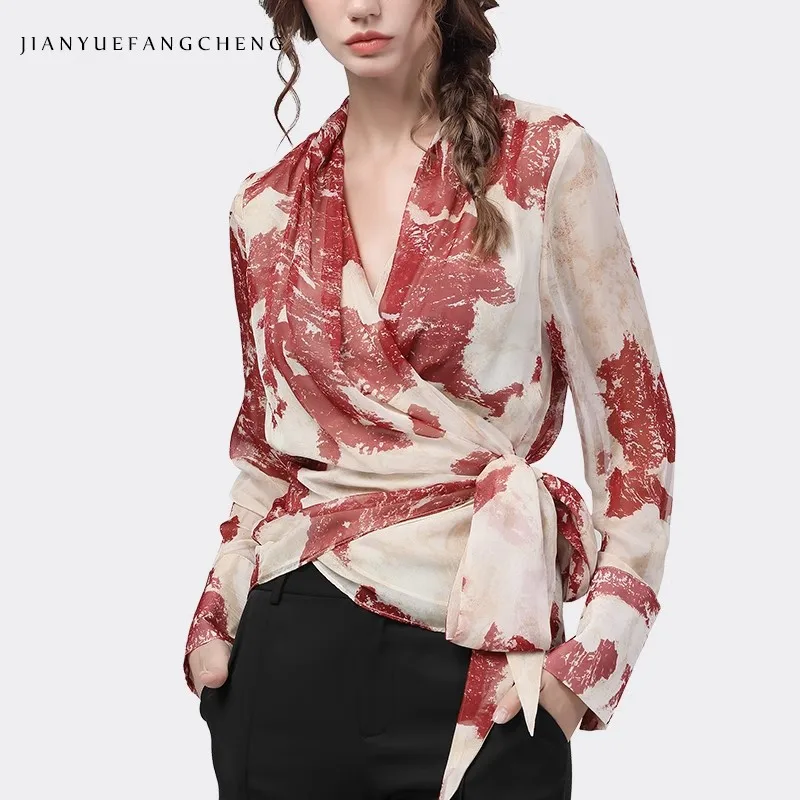 Fashion Women\' Long Sleeve Red Printed Chiffon Blouse For Spring Summer Asymmetrical V-Neck Lace-up Shirt Tops