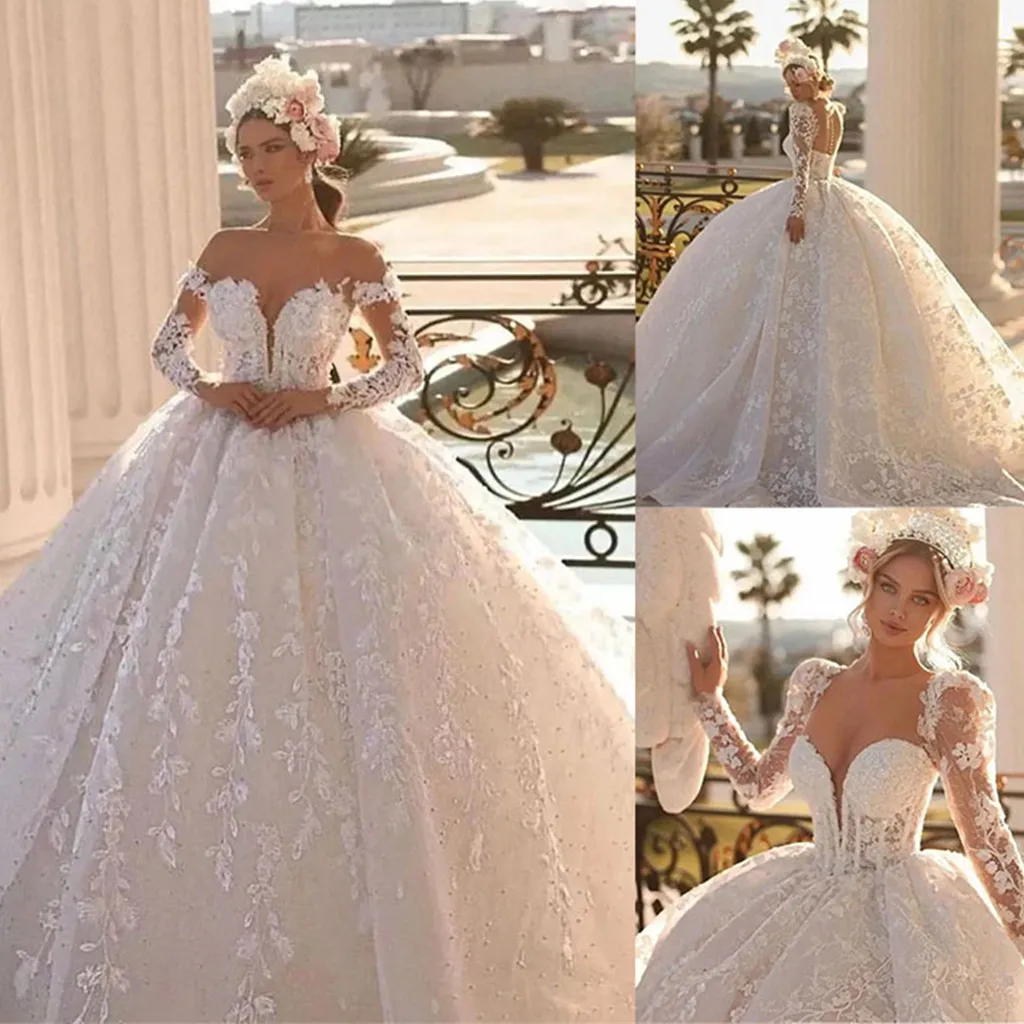 Unique Wedding Dresses Sexy Button Back Long Sleeves Applique Lace Bridal Gowns Custom Made Sweep Train Ball Gown Wedding Dress