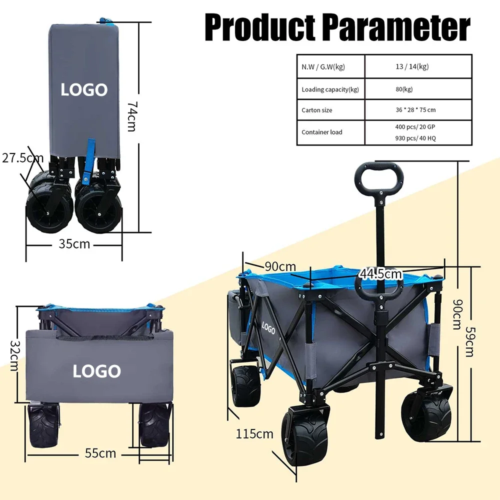 4 Big Wheel Adjustable Handle Beach Wagon Foldable Storage Truck Camping Trolley Wagon Truck