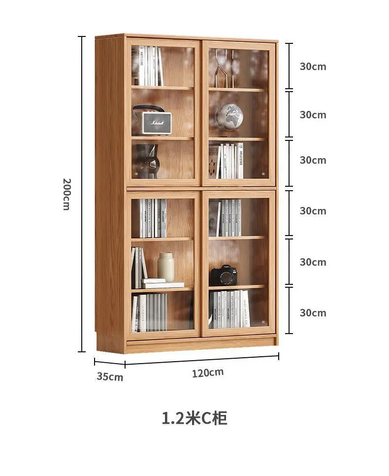 For Solid Wood Oak Bookcase Sliding Door Glass Shelf Simple Modern Home Bedroom Study Storage Furniture Atmosphere Decor