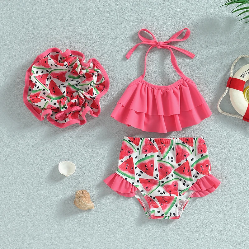 Kid Girls Bikini Swimsuit Sleeveless Halter Neck Swimwear Ruffle Crop Tops Vest Shorts Infant Bathing Suit with Hat