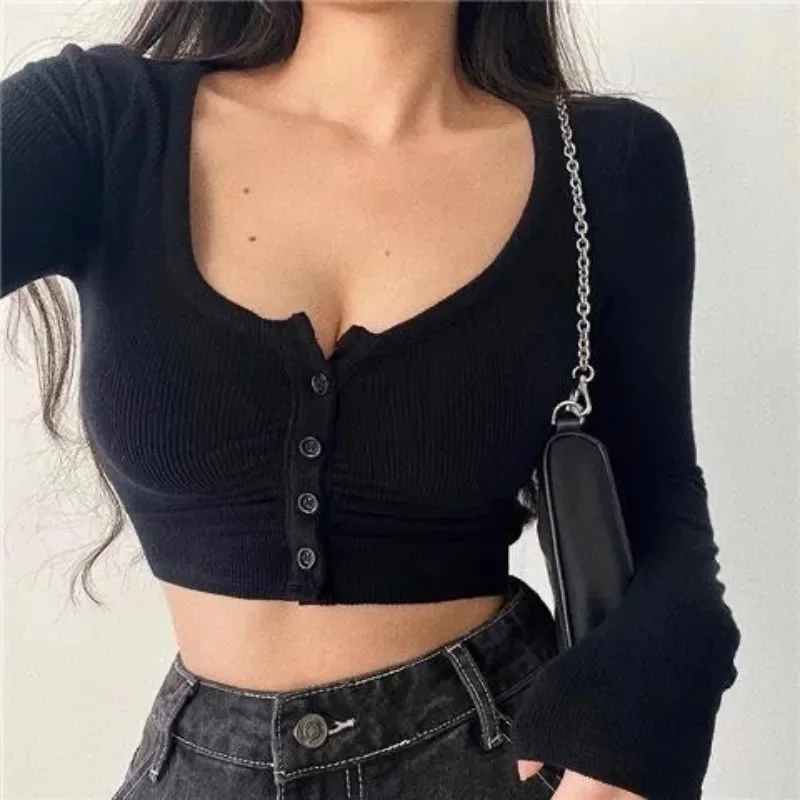 Autumn Spring Women\'s Ribbed Knit Crop Top Long Sleeve Solid Color Scoop Neck Button Up Skinny Blouse Sexy Club Streatwear