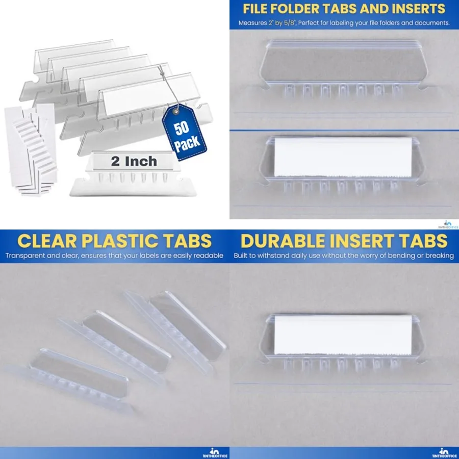 Clear Plastic File Folder Tabs and Inserts for Office Organization 2 x 5/8 Durable Hanging File Tabs with Easy-to-Read Labels 5