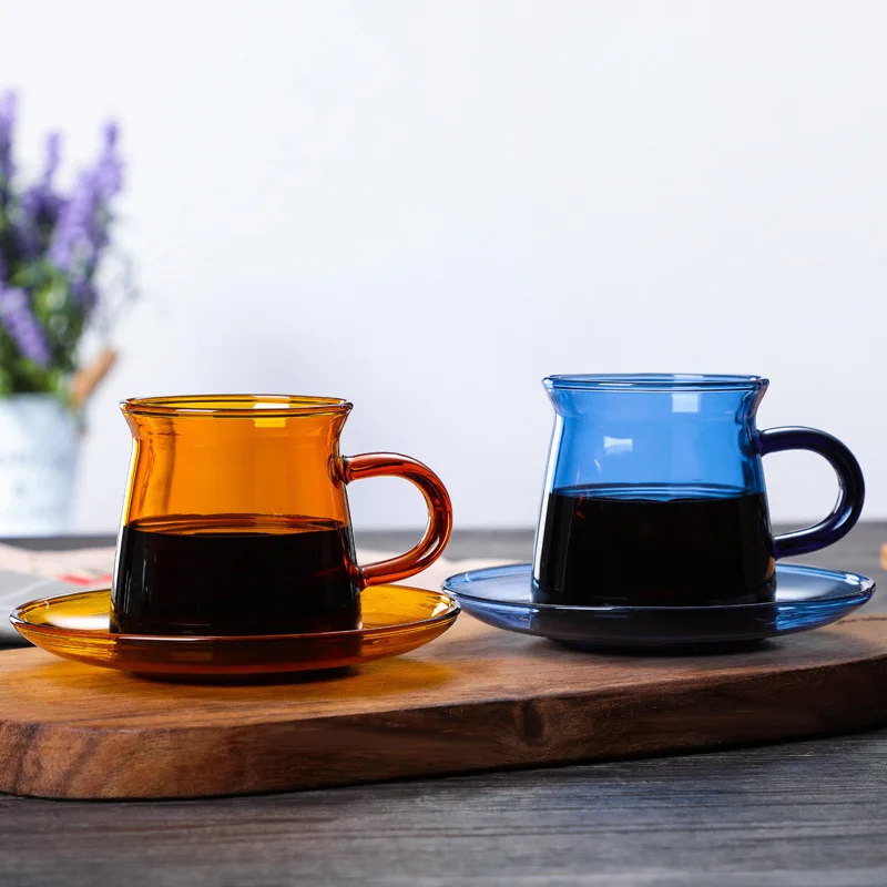 1 Piece 220ml 7oz High Borosilicate Heat-resistant Solid Amber Blue Colored Glass Coffee Mug Cup with Coaster Set Elegant Glass