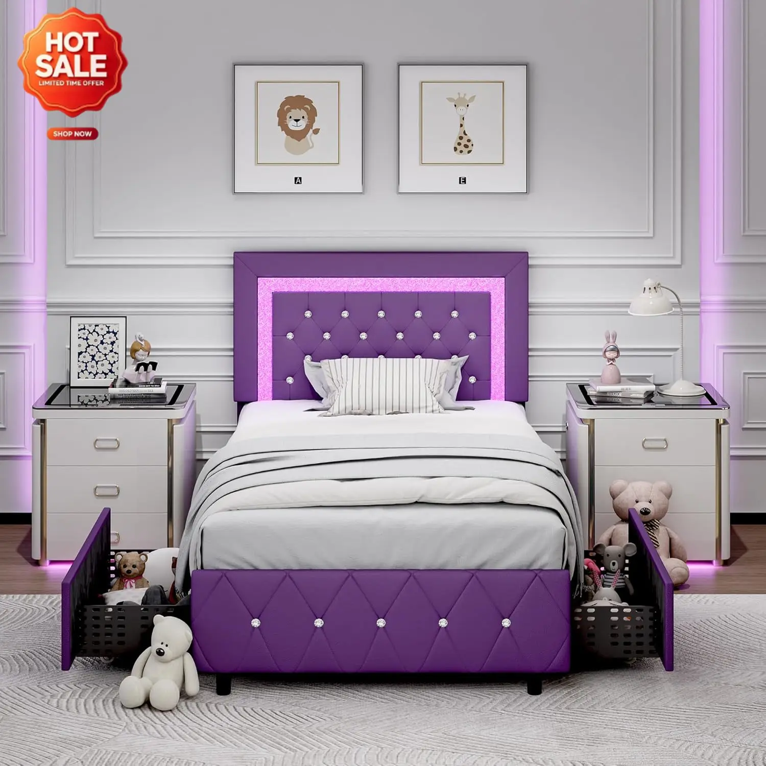 Twin Bed Frame with LED Lights and Diamond Tufted Headboard,Purple | Upholstered Bed with 2 Storage Drawers, Princess Platform B