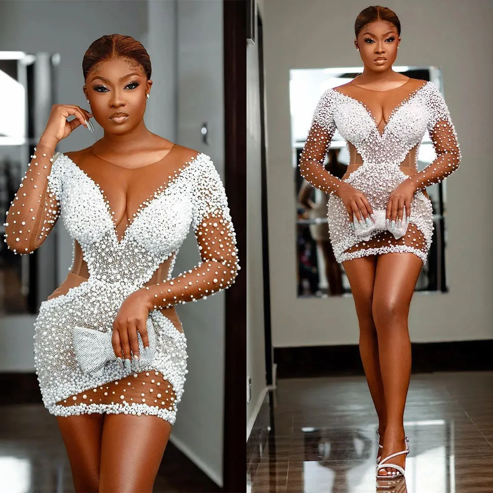 Perlenbesetztes Afrikanisches Meerjungfrau-Abendkleid Sexy Mini-Kleid mit Transparentem Ausschnitt und Langen Ärmeln für Geburtstagsfeiern und Besondere Anlässe