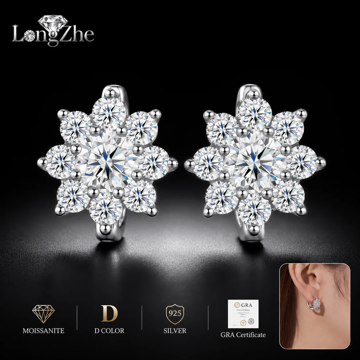 Moissanite Flower Hoop Earrings for Women S925 Sterling Silver 0.5CT Round Cut 18/22 Stone Huggie Anniversary Fine Jewelry