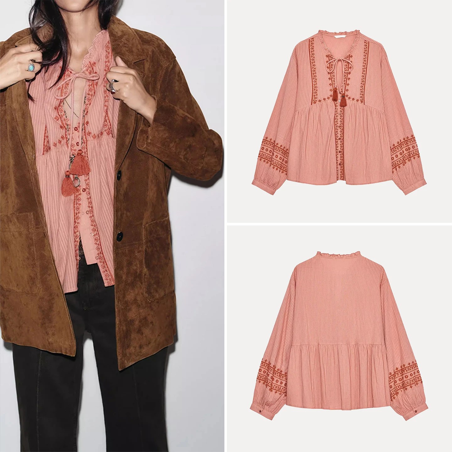 

Casual Embroidered Color Blo irt Women's Faion Autumn 2025 Z Loose Fit Long Sve Tie Waist Regular Length