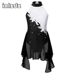 Figure Skating Dress Kids Girls Sequin Floral Rhinestone Mesh Ballet Dance Gymnastics Leotard Tutu Dress Performance Costume