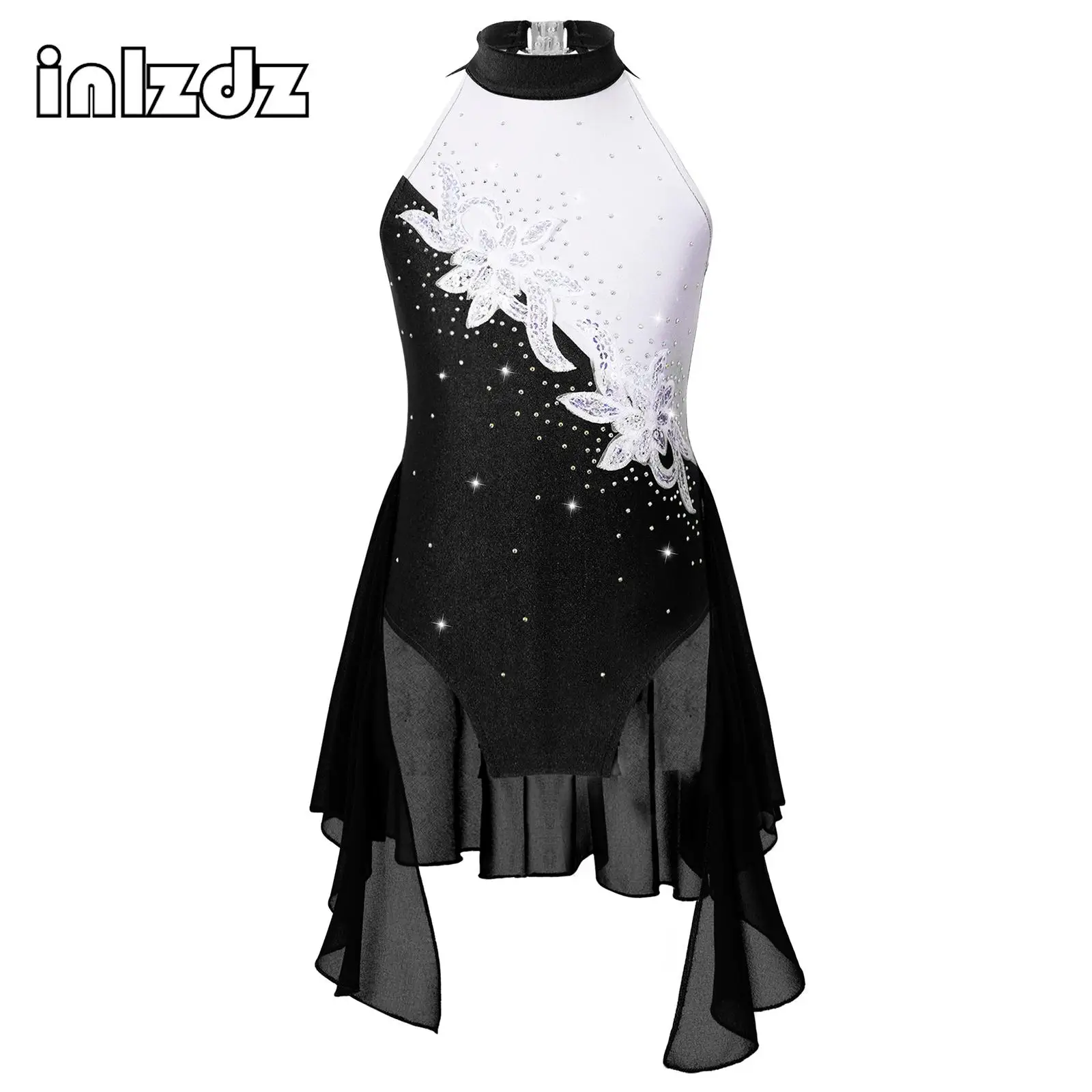 Figure Skating Dress Kids Girls Sequin Floral Rhinestone Mesh Ballet Dance Gymnastics Leotard Tutu Dress Performance Costume