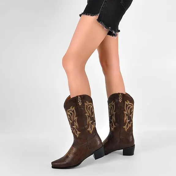 Botines cortos de vaquero para mujer, botas vaqueras de tacón grueso, bordadas a media pantorrilla, estilo occidental