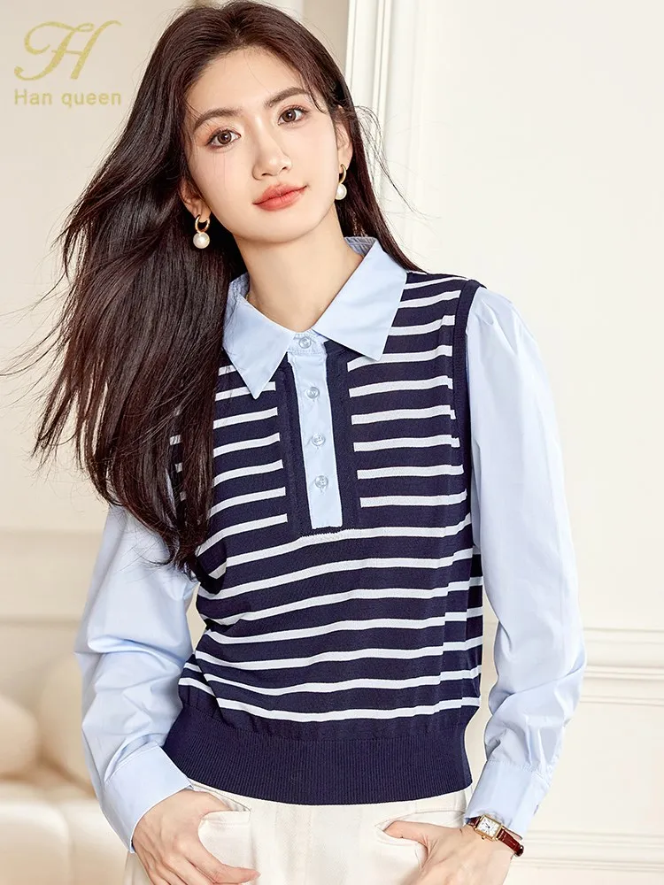 H Han Queen 2024 Spring Autumn Women\'s Blouse Striped Patchwork Vintage Tops Simple Elegant Chiffon Blouse Fashion Casual Shirts