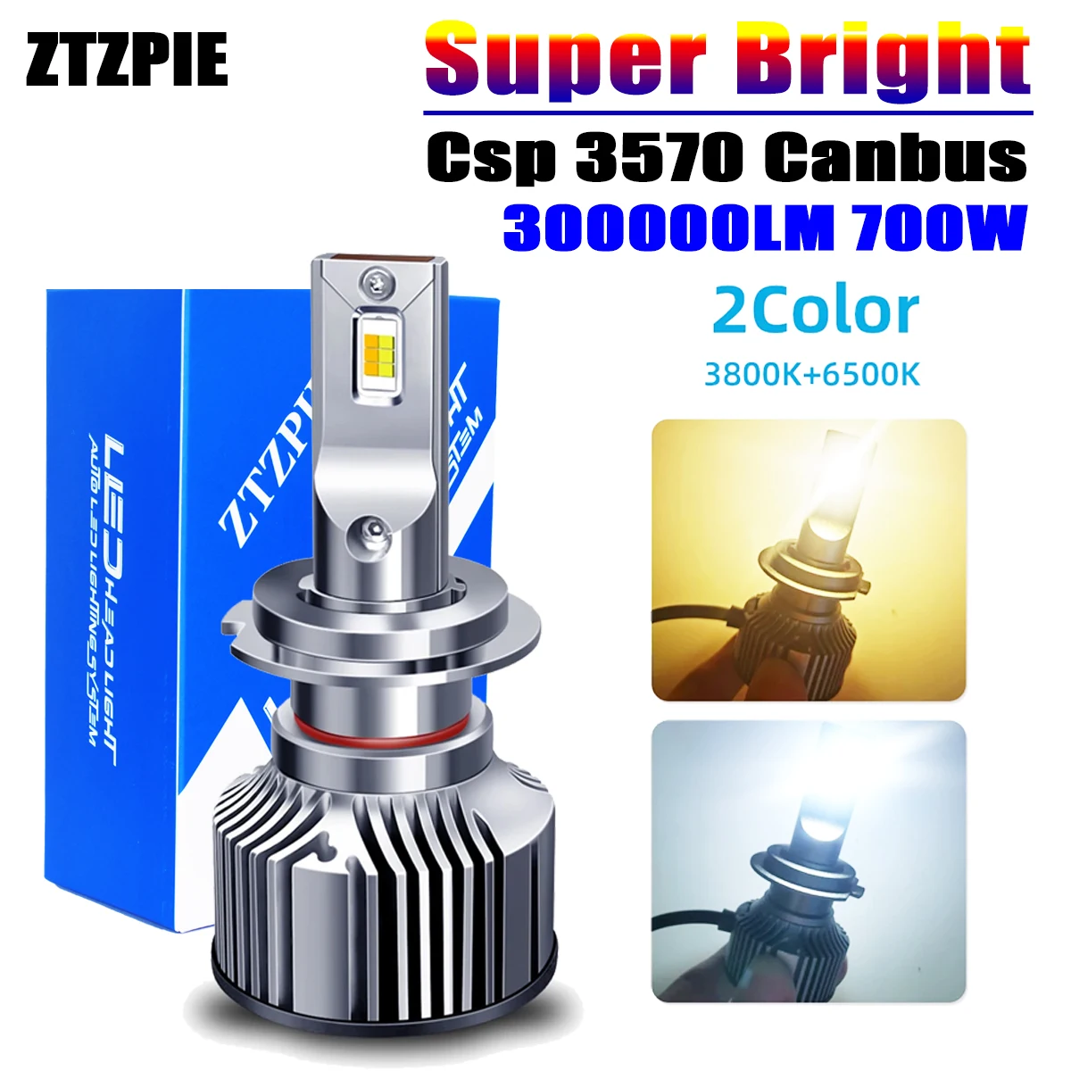 ZTZPIE 12V 3800k 6500K HB3 HB4 9005 9006 H1 H7 H4 H11 Bulb Led Bicolor Lamp CSP 3570 Power Car Headlight Fog Light 700W 300000LM