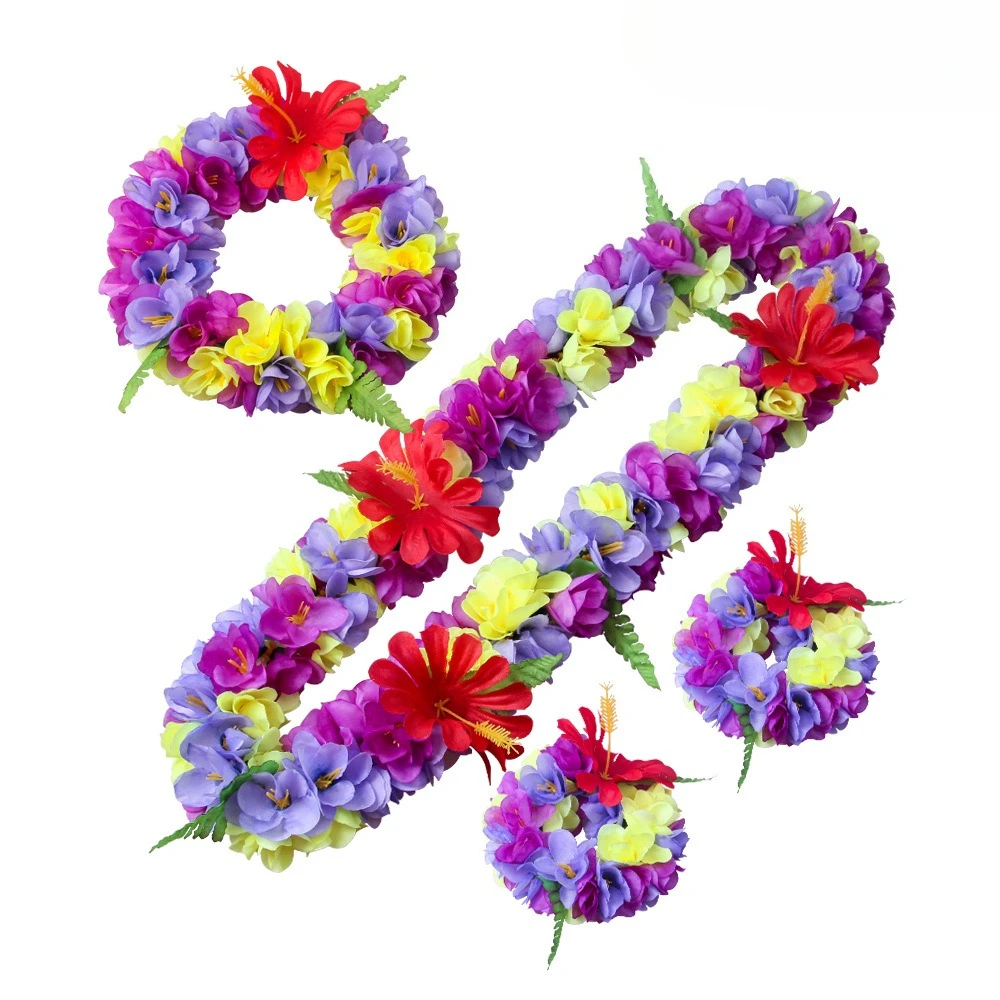 Conjunto de 4 peças Luau Flower Leis – Colares e tiara de flores de seda artificial – Lembrancinhas para festas na praia tropical e adereços para cabine de fotos